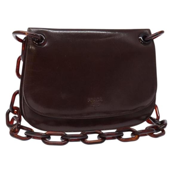PRADA Chain Shoulder Bag Leather Brown Silver Auth sw1092 - Picture 1 of 16